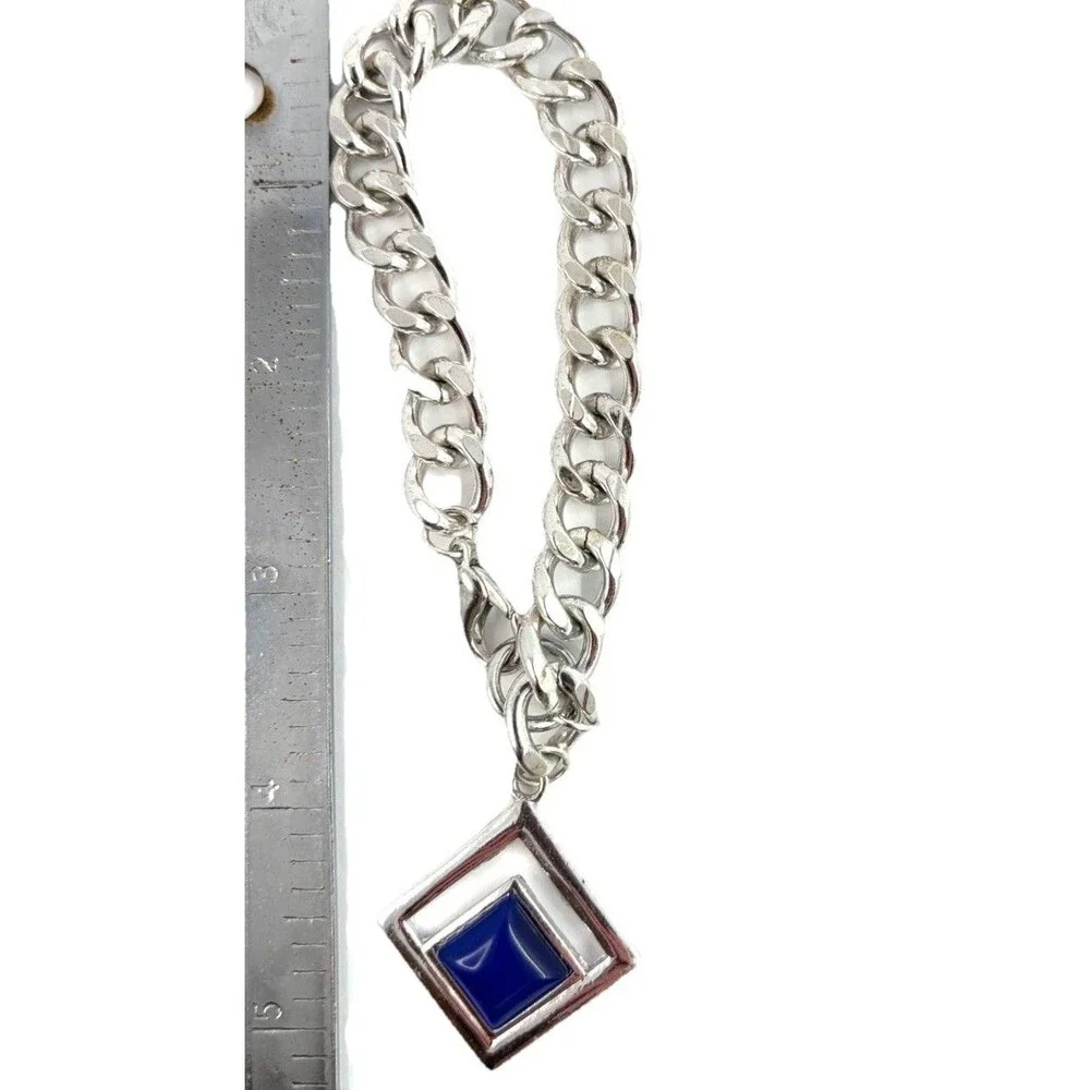 Vintage 90s Silver Tone Chunky Chain Bracelet Lapis Blue Geometric Charm Y2K